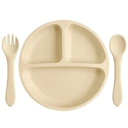 3PCS Silicone Baby Feeding Set With Suction Plate Wooden Spoon Fork BPA Free Training Tableware Dish Bowl Set Baby Shower Gifts