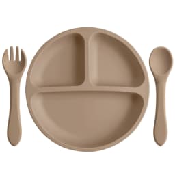 3PCS Silicone Baby Feeding Set With Suction Plate Wooden Spoon Fork BPA Free Training Tableware Dish Bowl Set Baby Shower Gifts