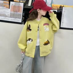 autumn teen girls cotton gray yellow cartoon hooded coats embroidery dog junior kids baseball jacket 4-14 child outerwear