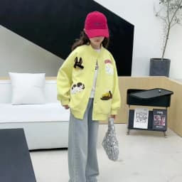 autumn teen girls cotton gray yellow cartoon hooded coats embroidery dog junior kids baseball jacket 4-14 child outerwear