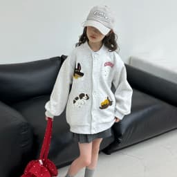 autumn teen girls cotton gray yellow cartoon hooded coats embroidery dog junior kids baseball jacket 4-14 child outerwear