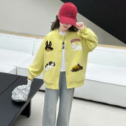 autumn teen girls cotton gray yellow cartoon hooded coats embroidery dog junior kids baseball jacket 4-14 child outerwear