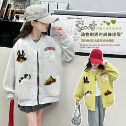 autumn teen girls cotton gray yellow cartoon hooded coats embroidery dog junior kids baseball jacket 4-14 child outerwear