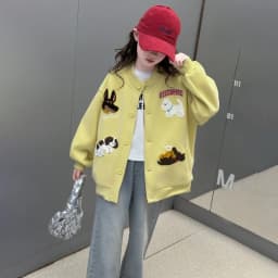 autumn teen girls cotton gray yellow cartoon hooded coats embroidery dog junior kids baseball jacket 4-14 child outerwear