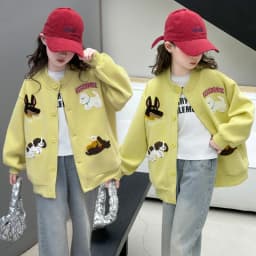 autumn teen girls cotton gray yellow cartoon hooded coats embroidery dog junior kids baseball jacket 4-14 child outerwear