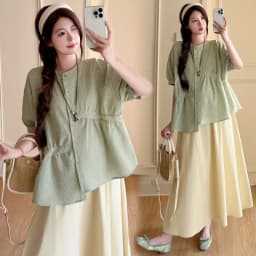 Maternity Suit Summer 2026 Green plaid doll shirt and Beige A Line Skirt Two Piece Set Gentle Cute For Pregnant Women