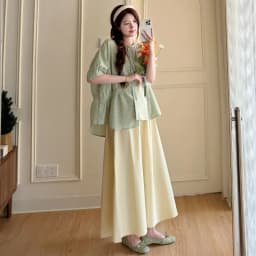 Maternity Suit Summer 2026 Green plaid doll shirt and Beige A Line Skirt Two Piece Set Gentle Cute For Pregnant Women