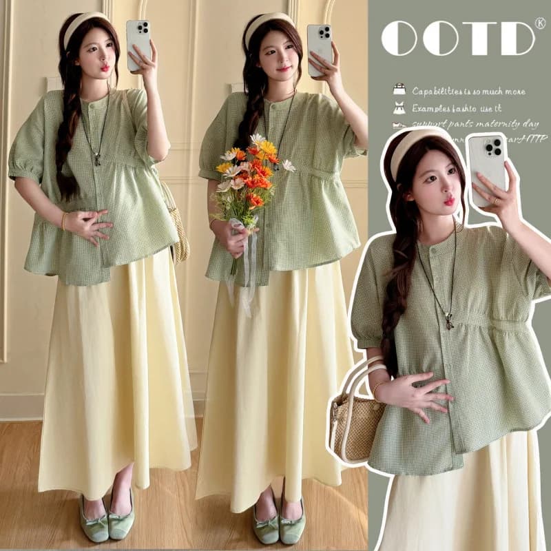 Maternity Suit Summer 2026 Green plaid doll shirt and Beige A Line Skirt Two Piece Set Gentle Cute For Pregnant Women