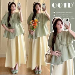 Maternity Suit Summer 2026 Green plaid doll shirt and Beige A Line Skirt Two Piece Set Gentle Cute For Pregnant Women