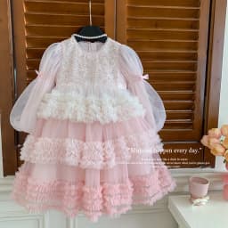 Girls Autumn Winter Fashion Puff Sleeves Dress Children Princess Dress Kids Long Sleeve Puffy Diamond Fragments Tulle Cake Dress