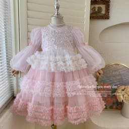 Girls Autumn Winter Fashion Puff Sleeves Dress Children Princess Dress Kids Long Sleeve Puffy Diamond Fragments Tulle Cake Dress
