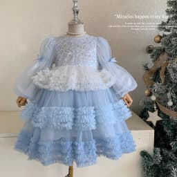 Girls Autumn Winter Fashion Puff Sleeves Dress Children Princess Dress Kids Long Sleeve Puffy Diamond Fragments Tulle Cake Dress