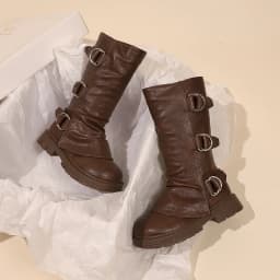 Little Girls Platform Leather Boots with Buckle Straps 2025 New Winter Kid Fleece Mid-calf Boots Non-slip Chic Christmas Party