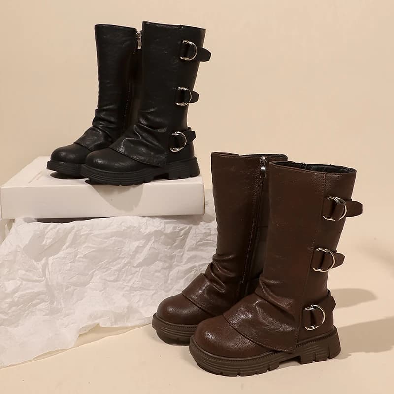 Little Girls Platform Leather Boots with Buckle Straps 2025 New Winter Kid Fleece Mid-calf Boots Non-slip Chic Christmas Party