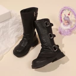 Little Girls Platform Leather Boots with Buckle Straps 2025 New Winter Kid Fleece Mid-calf Boots Non-slip Chic Christmas Party