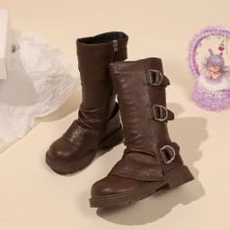 Little Girls Platform Leather Boots with Buckle Straps 2025 New Winter Kid Fleece Mid-calf Boots Non-slip Chic Christmas Party