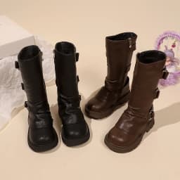 Little Girls Platform Leather Boots with Buckle Straps 2025 New Winter Kid Fleece Mid-calf Boots Non-slip Chic Christmas Party