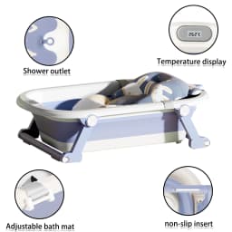 Baby Bathtub, Foldable Baby Bathtub with Thermometer and Bath Mat, Non-Slip Portable Travel Baby Bathtub, 0-36 Months