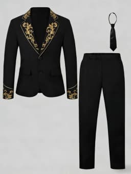 Golden Jacquard Suit Set 3 Pieces Jacket Pant Tie For Birthday Party Class Smart Kids Slim Fit Tuxedo Piano Performance Wear
