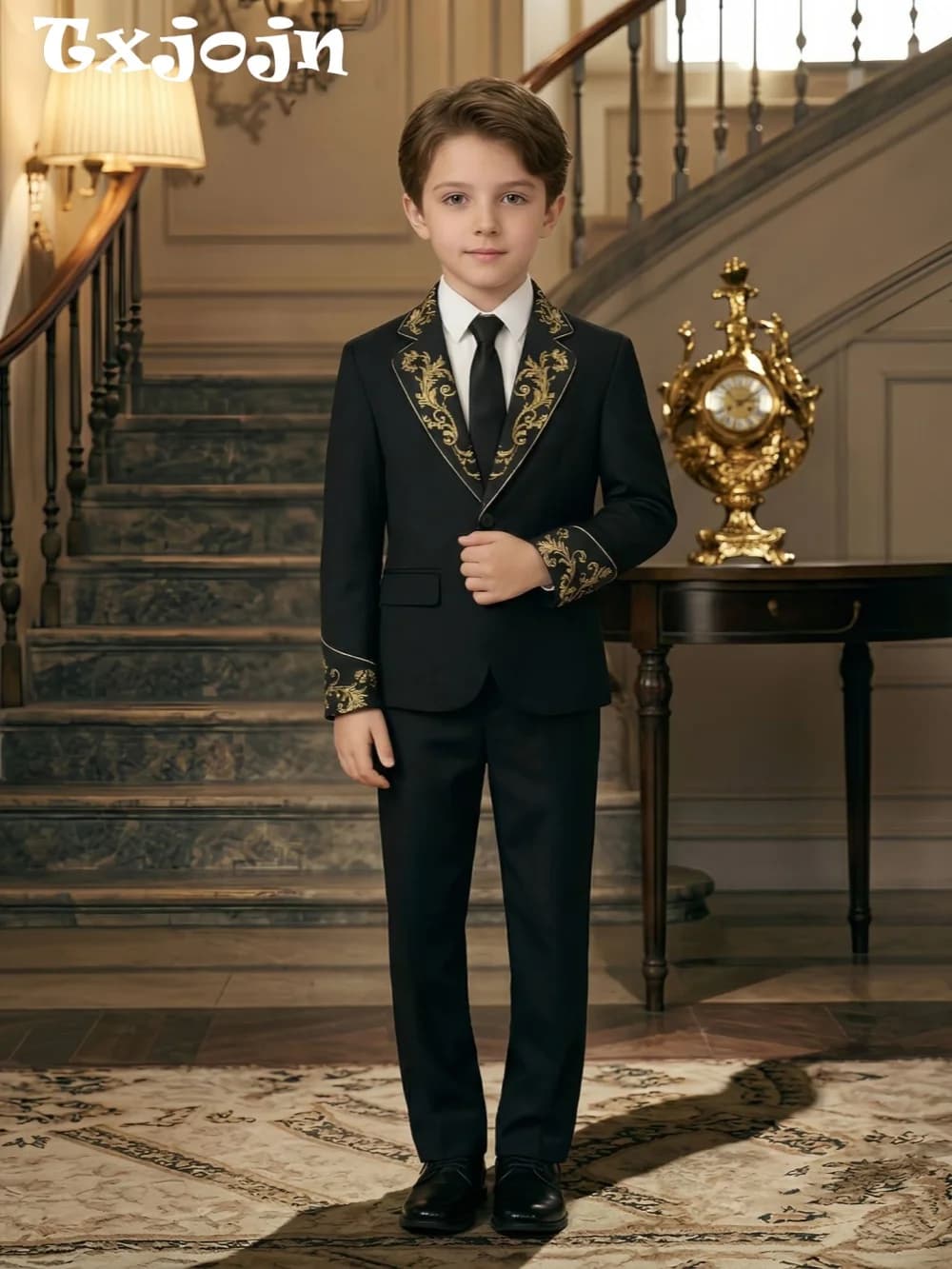 Golden Jacquard Suit Set 3 Pieces Jacket Pant Tie For Birthday Party Class Smart Kids Slim Fit Tuxedo Piano Performance Wear