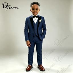 Kids Boys Navy Formal Suit Set Floral Tie Peak Lapel Blazer Vest Pants for Wedding Ring Bearer Party Stage Performance Outfit