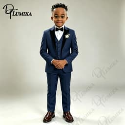 Kids Boys Navy Formal Suit Set Floral Tie Peak Lapel Blazer Vest Pants for Wedding Ring Bearer Party Stage Performance Outfit