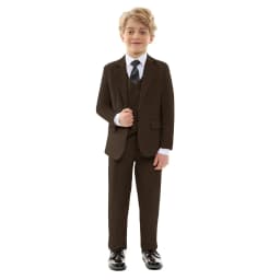 Kids Brown 4 Pieces Formal Suit Set Boys Wedding Birthday Party Performance Costume Double Breasted Blazer Pants Vest Tie