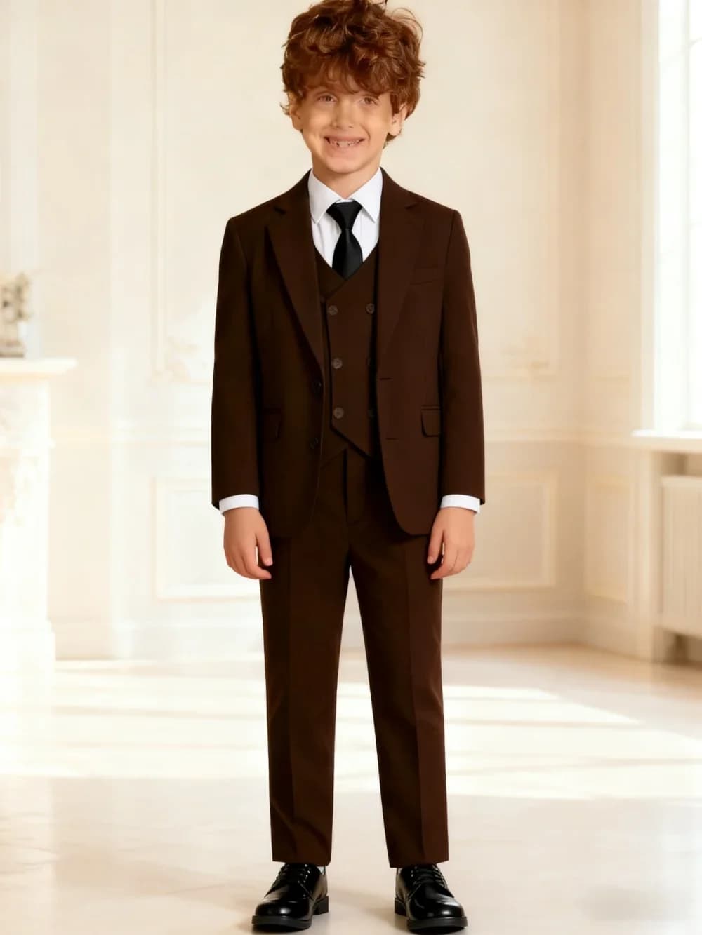 Kids Brown 4 Pieces Formal Suit Set Boys Wedding Birthday Party Performance Costume Double Breasted Blazer Pants Vest Tie