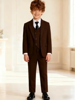Kids Brown 4 Pieces Formal Suit Set Boys Wedding Birthday Party Performance Costume Double Breasted Blazer Pants Vest Tie