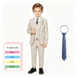 Elegant Boys Beige Linen Suit Set 4 Piece with Floral Tie Kids Formal Outfit for Wedding Birthday Graduation Party 3-13 Years