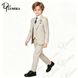 Elegant Boys Beige Linen Suit Set 4 Piece with Floral Tie Kids Formal Outfit for Wedding Birthday Graduation Party 3-13 Years
