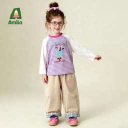 Amila Spring Children's Versatile Casual Pants With Elastic Waist, Grid Pattern And Flanging Design For Daily Comfort Wearing