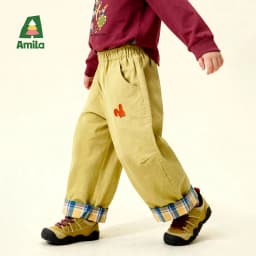 Amila Spring Children's Versatile Casual Pants With Elastic Waist, Grid Pattern And Flanging Design For Daily Comfort Wearing