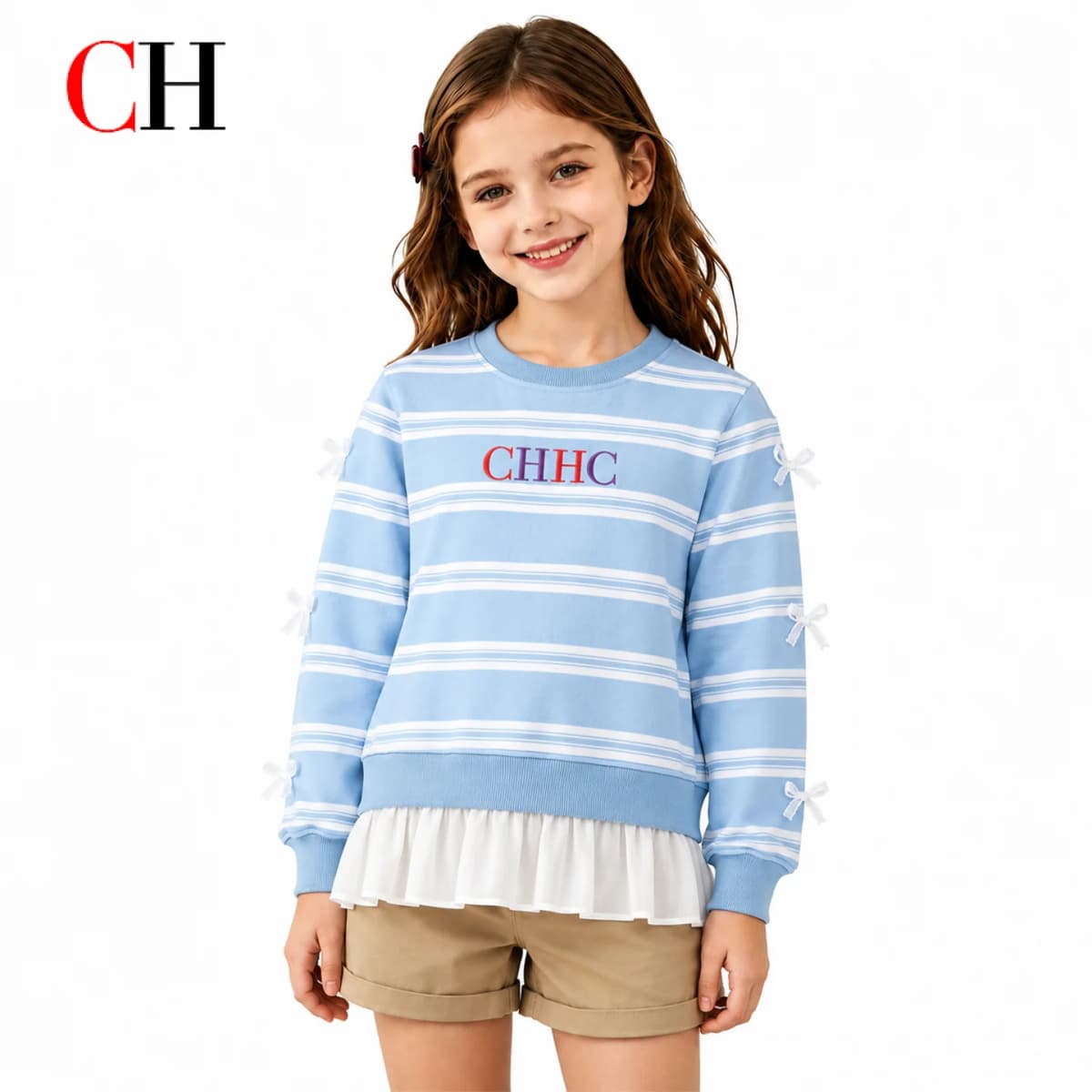CH Girls Horizontal Stripe Colorful Letter Embroidery Long Sleeve Sweatshirt Sleeve Bow Decor Sheer Hem Layered Kids Top