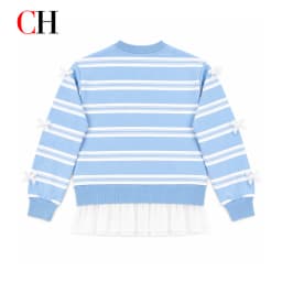 CH Girls Horizontal Stripe Colorful Letter Embroidery Long Sleeve Sweatshirt Sleeve Bow Decor Sheer Hem Layered Kids Top