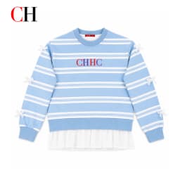 CH Girls Horizontal Stripe Colorful Letter Embroidery Long Sleeve Sweatshirt Sleeve Bow Decor Sheer Hem Layered Kids Top