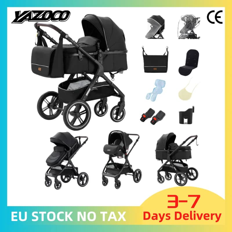 3-in-1 Convertible Baby Stroller with Reversible Handle | One-Step Quick Fold Aluminum Alloy Frame 3-Piece Travel System, Smooth 4-Wheel Shock Absorbing Stroller for Newborn to Toddler