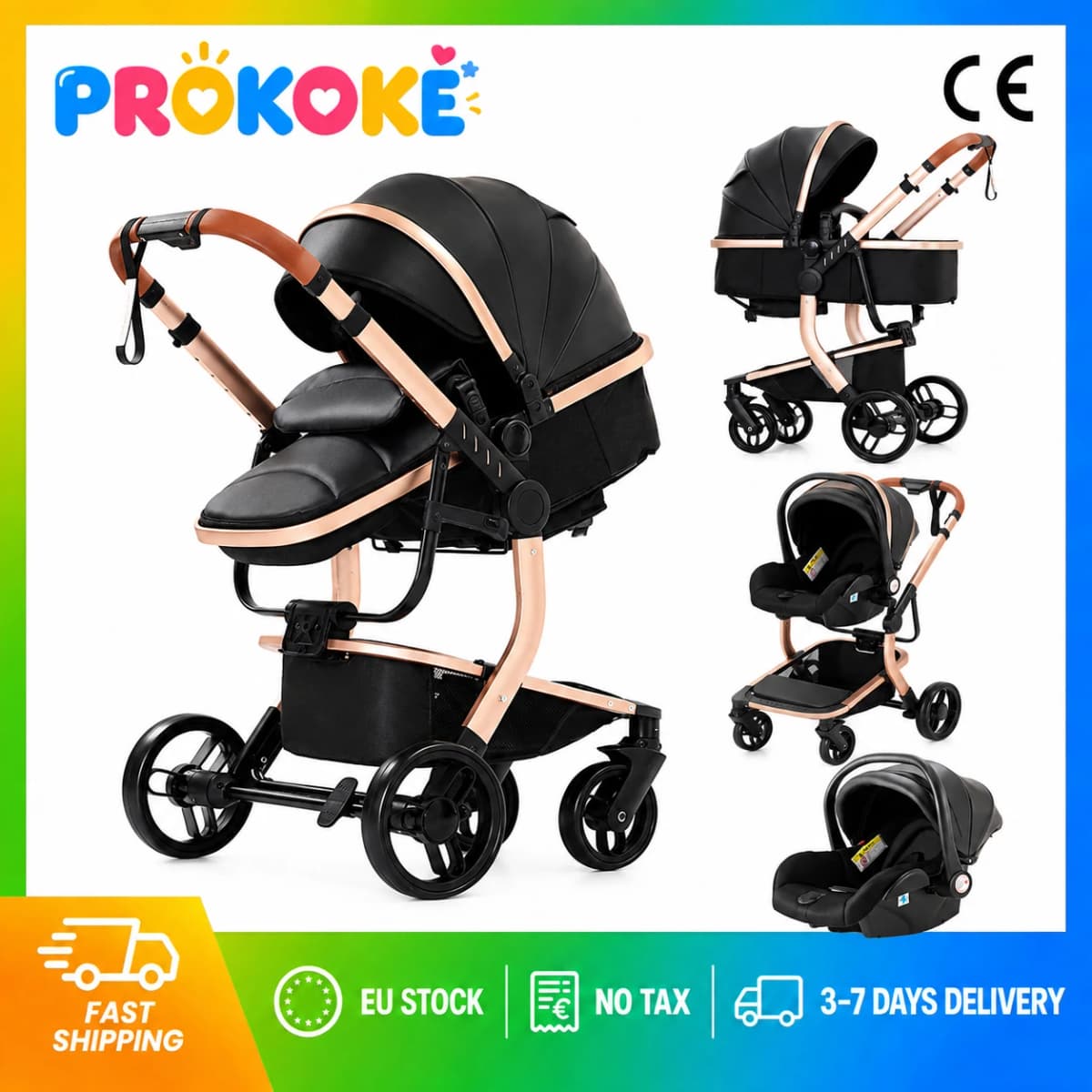 Baby Stroller 3 in 1 Travel System Baby Carriage Newborn Pram PU Leather Lightweight Foldable Reversible Pushchair High Landscape Bassinet Car Seat Baby Cart Four Wheel Strollers Waterproof Buggy Adjustable Backrest For 0-36 Months