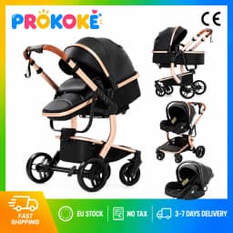 Baby Stroller 3 in 1 Travel System Baby Carriage Newborn Pram PU Leather Lightweight Foldable Reversible Pushchair High Landscape Bassinet Car Seat Baby Cart Four Wheel Strollers Waterproof Buggy Adjustable Backrest For 0-36 Months