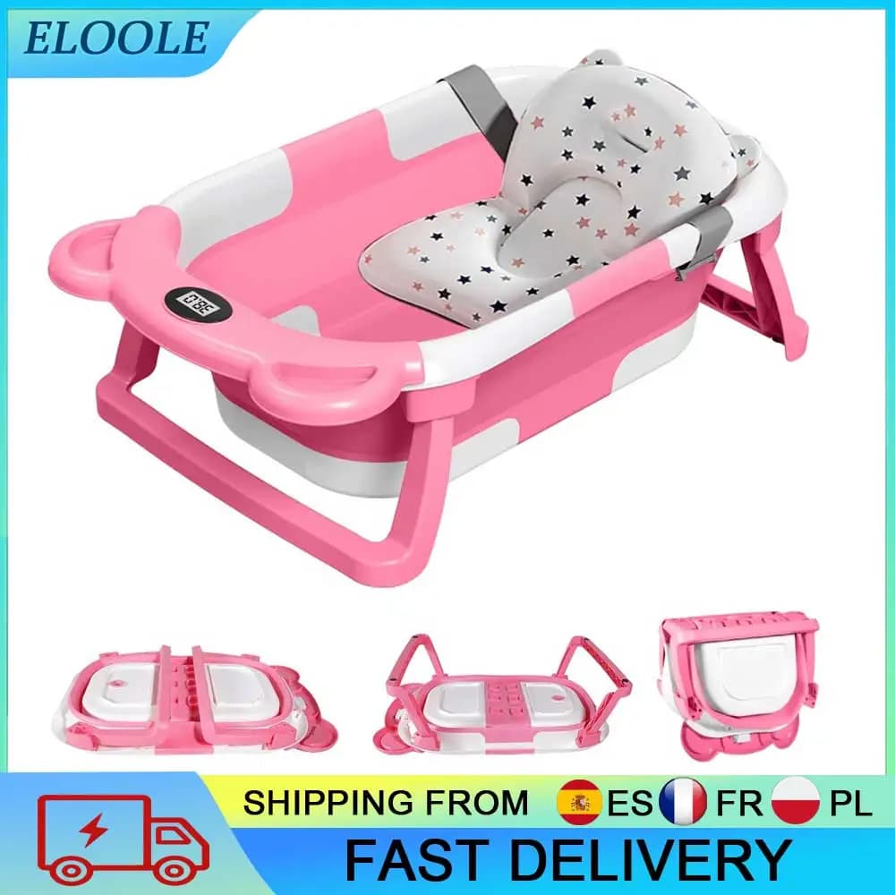 Foldable Baby Bathtub with Built-In Thermometer Soft Bath Mat Infant Bath Tub for Newborn Toddler Baby Bathing