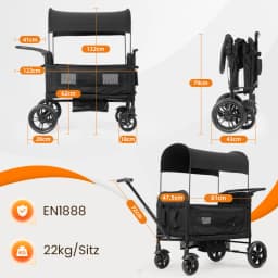 Wagon for children to sit, Foldable wagon stroller for 2 children, Black, 8-fold adjustable padded handle, Sun canopy & tray, 5-point safety belt, compact foldable, strollers, stroller, cozy 2 in 1, baby strollers