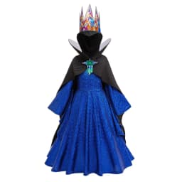 Kids Evil Queen Halloween Costume Girls Shiny Blue Gown Black Cloak Colorful Crown for Stage Performance Themed Party Dress Up
