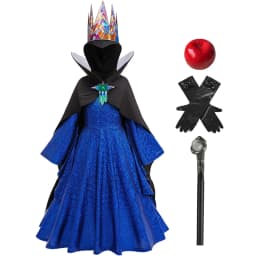 Kids Evil Queen Halloween Costume Girls Shiny Blue Gown Black Cloak Colorful Crown for Stage Performance Themed Party Dress Up