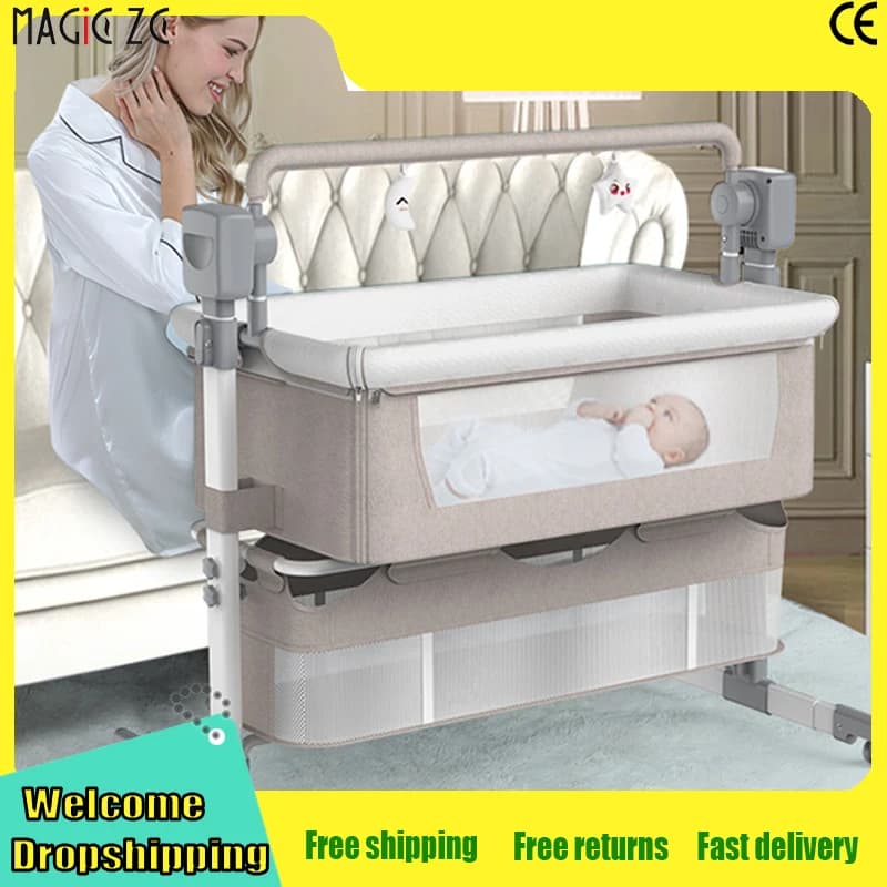 Baby Crib Remote-Controlled Baby Rocker with Bluetooth Timer Baby Bed with Storage Basket Infant Cot Newborn Crib Foldable Baby Cradle