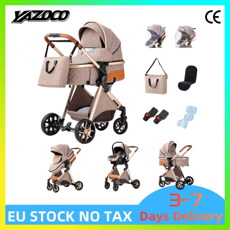 Brand New Versatile 3-in-1 High Landscape Four-Wheel Baby Pram With Efficient Shock Absorption Wheels, Lightweight Collapsible Travel Carriage Complete Accessory Pack Equipped With Custom Detachable Air-Permeable Mosquito Net, Multi-Angle Full Lie Flat Se
