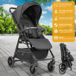 Lightweight 2 in 1 Baby Stroller Pushchair Pram Compact Folding Baby Carriage Easy Storage Portable Design Comfortable Seat Smooth Suspension Wheels Large Shopping Basket for Newborn Infant Outdoor Daily Use