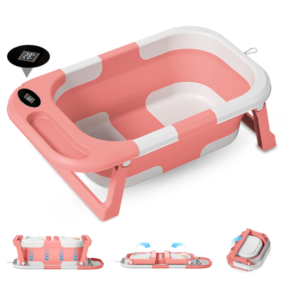 Newborn Baby Foldable Bathtub with Drain Hole, Soft Cushion Pad & Anti-Slip Design, Portable Travel Toddler Bath Tub, Collapsible Infant Shower Tub for Home Outdoor Travel, Comfortable Non-Slip Baby Washing Basin for 0-3 Years Old Kids