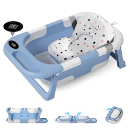 Newborn Baby Foldable Bathtub with Drain Hole, Soft Cushion Pad & Anti-Slip Design, Portable Travel Toddler Bath Tub, Collapsible Infant Shower Tub for Home Outdoor Travel, Comfortable Non-Slip Baby Washing Basin for 0-3 Years Old Kids