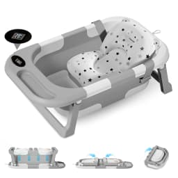 Newborn Baby Foldable Bathtub with Drain Hole, Soft Cushion Pad & Anti-Slip Design, Portable Travel Toddler Bath Tub, Collapsible Infant Shower Tub for Home Outdoor Travel, Comfortable Non-Slip Baby Washing Basin for 0-3 Years Old Kids