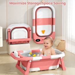 Newborn Baby Foldable Bathtub with Drain Hole, Soft Cushion Pad & Anti-Slip Design, Portable Travel Toddler Bath Tub, Collapsible Infant Shower Tub for Home Outdoor Travel, Comfortable Non-Slip Baby Washing Basin for 0-3 Years Old Kids